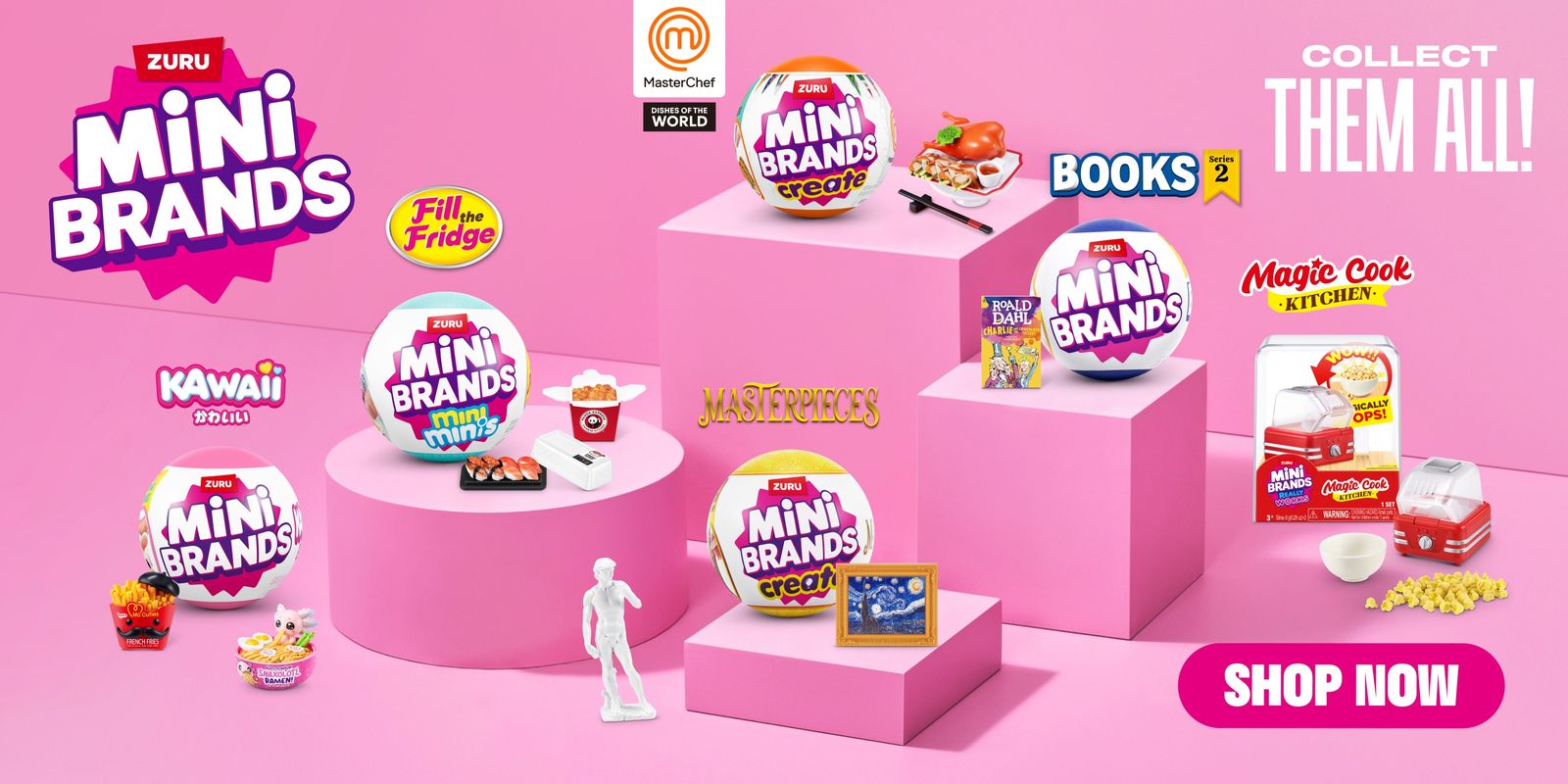 Mini Brands capsules on pink podiums