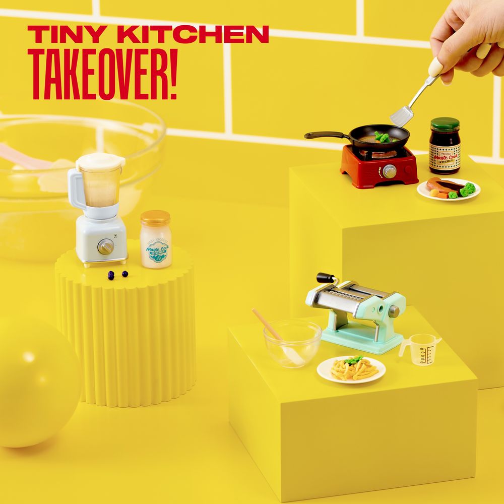 Tiny Mini Brands kitchen appliances on a yellow set